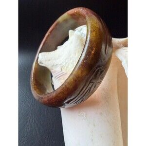 Vintage Burmese Jade Bangle Archaic Totem Motif Russet Skin Natural Boho Zodiac